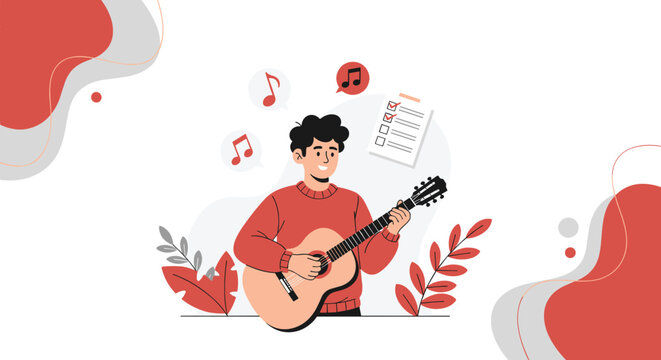 Man playing guitar with music notes floating around him indoors