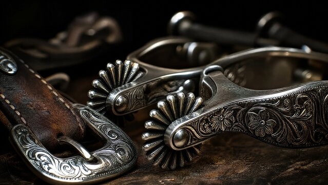 cinch. Intricate silver spurs and bridle buckle with detailed metalwork. wildlife magazines, conservation campaigns, designed for nature documentaries and education and eco-tourism storytelling.