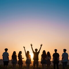 Fototapeta premium Group of Young Friends Celebrating Freedom and Unity at Sunset