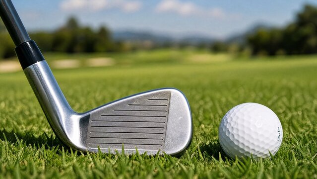 putter. Golf club resting on lush green grass with a ball nearby, highlighting the sport's essence. event key visuals, club posters, designed for sports event promotions and stadium branding.