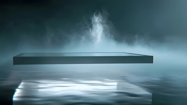 Futuristic floating platform over reflective water in foggy environment
