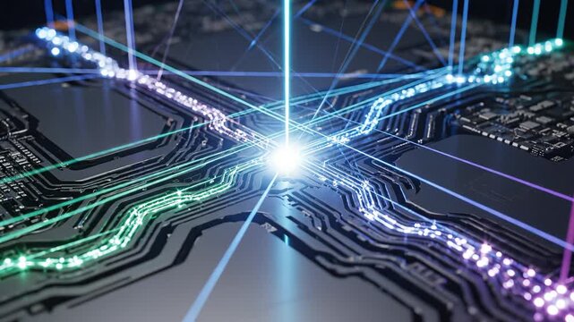 Circuit board with glowing light paths ideal for tech startups and software commercial themes