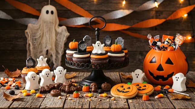 Halloween treats and decorations on wooden table