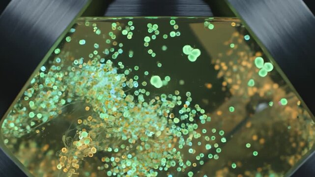 Green liquid with floating particles in container emphasizing futuristic concepts and connectivity