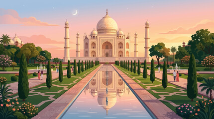 Taj Mahal at sunset with reflection in pool Agra India © Nadeesha