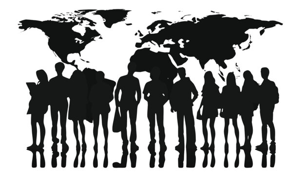 People silhouettes stand in front of a large world map background to illustrate global diversity and international cooperation among diverse cultures in the modern interconnected economic world.