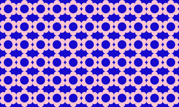 Blue and pink geometric floral pattern repeating across fabric