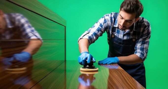 Man polishing wooden surface against green screen