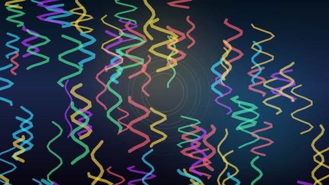 Colorful abstract zigzag lines falling on a dark blue background