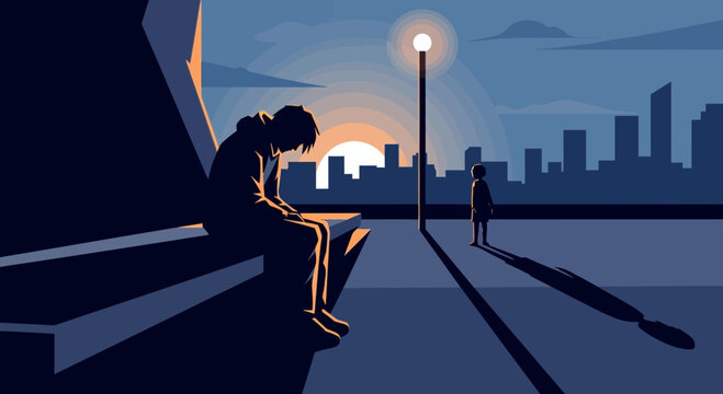 Sad Man Sitting Alone at Dusk Cityscape, Loneliness, Depression, Urban Solitude