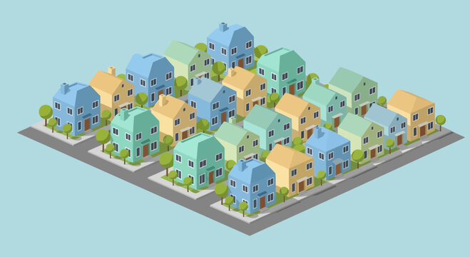 Colorful isometric neighborhood with houses and trees on a light blue background.