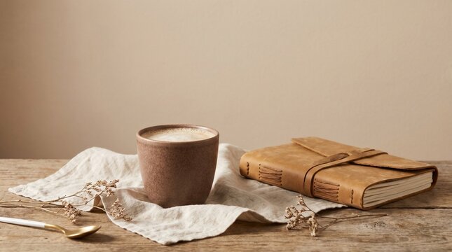 Warm drink and journal placed on a wooden table with a cloth napkin at home in the afternoon light