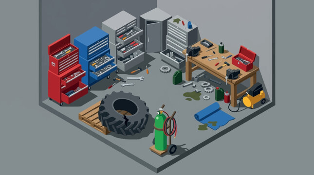 Isometric illustration of a cluttered garage workshop with various tools and equipment.