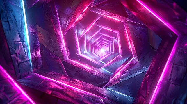 Neon rectangles in spiral pattern creating stunning abstract spiral with luminous neon rectangles rotating inward, glowing neon spiral creates hypnotic and visually compelling abstract art.