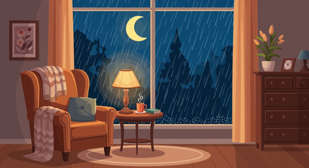 Cozy armchair by window with rain outside, warm lamp light, crescent moon and forest view © Rinos