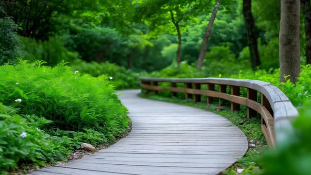 Scenic wooden path winding through lush green park with thick bushes and trees