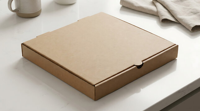 Blank brown cardboard pizza box mockup on kitchen counter