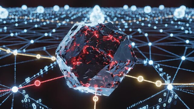 Digital network with glowing nodes and a central crystal ideal for creative backgrounds and modern web design