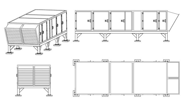 Air Handling - technical drawing, Blueprint. Front, Side and Top view. 3D Mesh, Sketch, Vector style or Drawing. 3D rendering isolated on white background. 