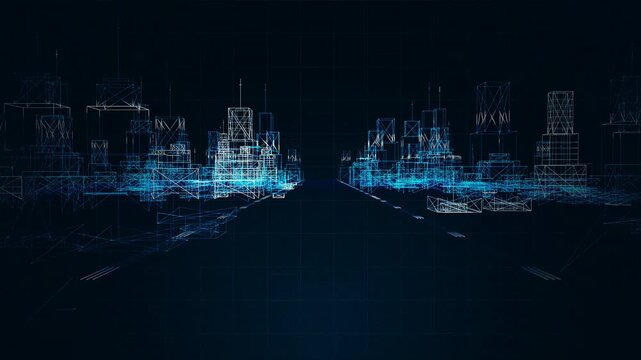 Captivating cinematic exploration of a futuristic digital cityscape, featuring intricate architectural hologram blueprints and glowing wireframe structures, symbolizing advanced urban technology