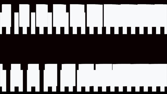 Abstract visual representation of filmstrip with dynamic white rectangular frames shifting and pulsating against solid black background, creating rhythmic and modern aesthetic