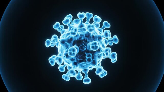 Blue glowing virus cell under microscope for creative digital media and visual arts