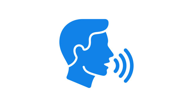 A blue icon of a man speaking.