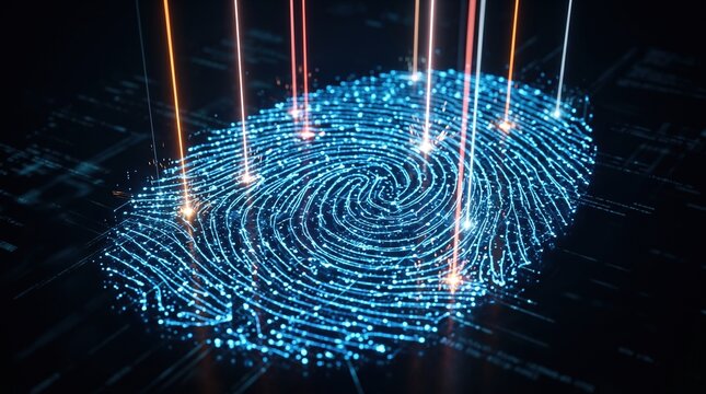Biometric fingerprint security scanner using laser technology for digital identity verification on dark background