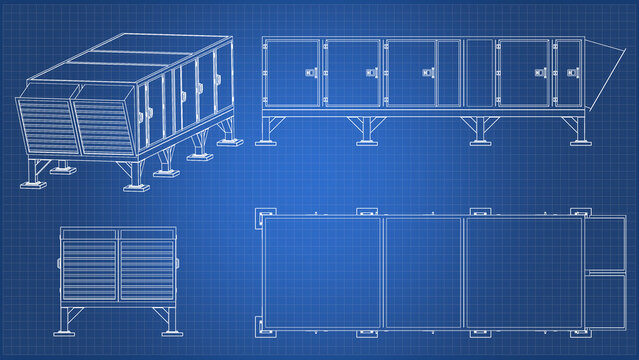 Air Handling - technical drawing, Blueprint. Front, Side and Top view. 3D Mesh, Sketch, Vector style or Drawing. 3D rendering isolated on blue background. 