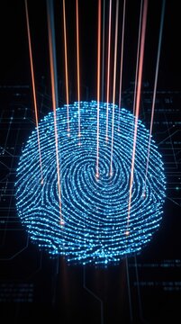 Vertical view of biometric fingerprint digital security scan with red laser light lines on dark background, fingerprint