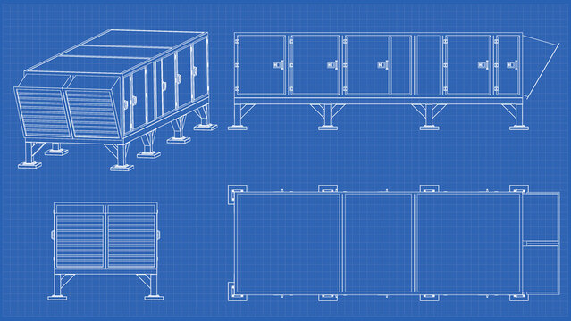 AHU Air Handling - technical drawing, Blueprint. . Front, Side and Top view. 3D Mesh, Sketch, Vector style or Drawing. 3D rendering isolated on blue background. 