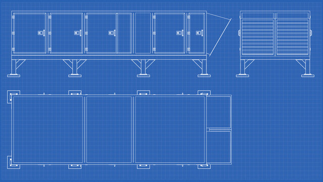 Air Handling AHU - technical drawing, Blueprint. . Front, Side and Top view. 3D Mesh, Sketch, Vector style or Drawing. 3D rendering isolated on blue background. 