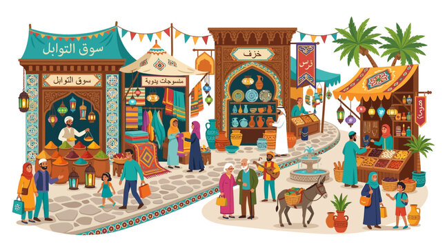 Vibrant marketplace scene with people shopping.