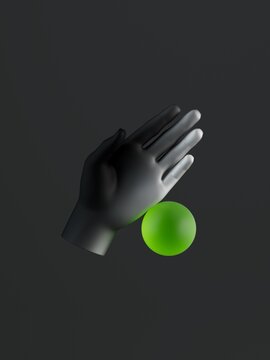 A black hand gently holds a glowing green sphere against a dark background. 3D illustration of an abstract composition suitable for theater or business.