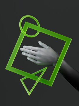 A hand reaches through a green geometric frame against a dark background. Elegant 3D abstract illustration blending theatrical creativity and business style.