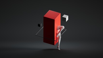 A white figure leans against a large red block, surrounded by floating cubes and a wire frame in a dark space. 3D render of a surreal abstract sculpture or stage performance.