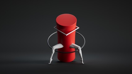 A red cylinder stands with white, leg like structures and a circular frame around it. 3D illustration of an abstract surreal sculpture or theatrical scene. © NeoLeo