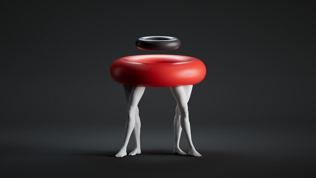 A surreal sculpture features pale legs supporting a red ring, topped with a black ring, set against a dark background. 3D artwork featuring a surreal abstract sculpture and theatrical atmosphere.