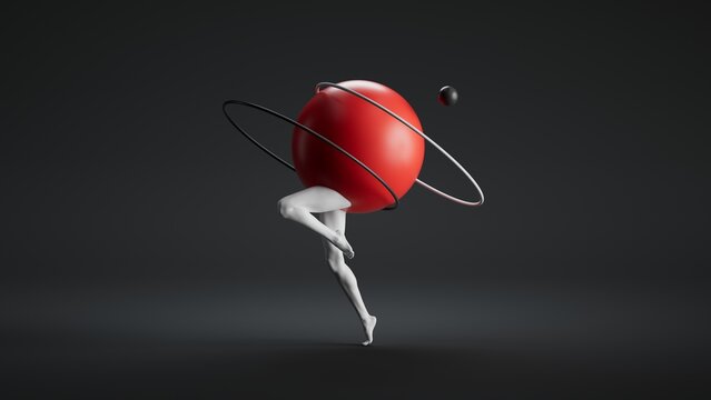 A white figure dances around a red sphere with rings, set against a dark background. 3D illustration of an abstract surrealistic sculpture or theatrical performance.