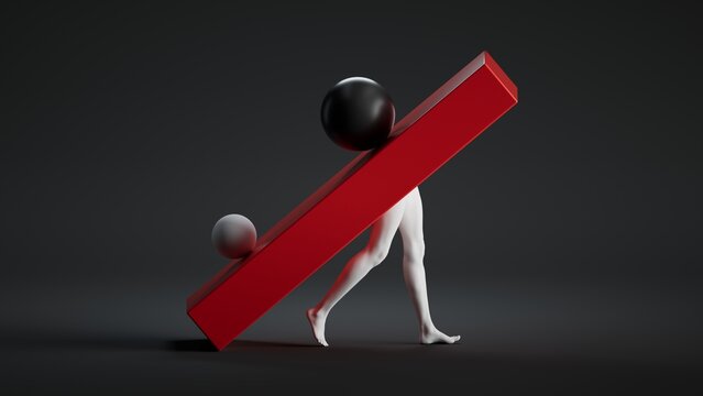 A white humanoid figure carries a large red beam with a black sphere on top and a smaller gray sphere below, walking forward.