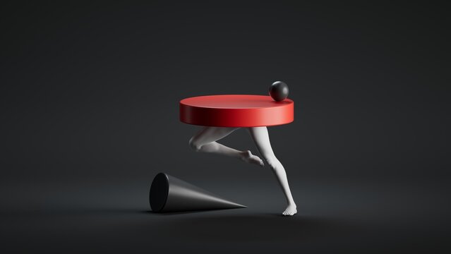 A white figure balances a red disc on its head while stepping over a black cone.3D illustration of an abstract surreal sculpture or theatrical scene.