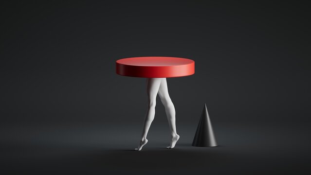 A surreal figure with human legs carries a large red disc on its head, walking beside a black cone against a dark background.