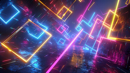 Fototapeta premium Neon glowing square frames intersecting vibrantly with other glowing neon squares in colorful abstract art, overlapping frames create complex color mixing where neon squares intersect.