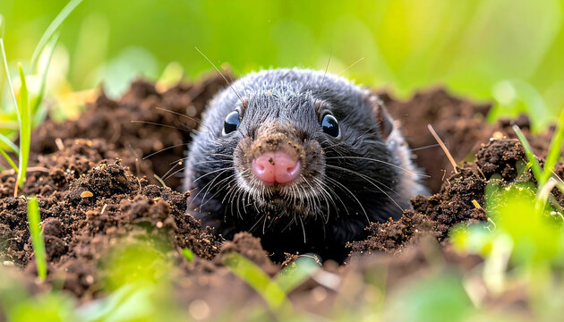 Close up of a cute mole emerging from its burrow in the soil surrounded by green grass and foliage