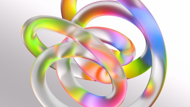 A colorful, glossy ribbon twists in a dynamic loop against a soft gradient background.