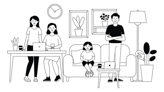 Family using laptops and tablets at home illustration representing remote work homeschooling and digital learning lifestyle vector design