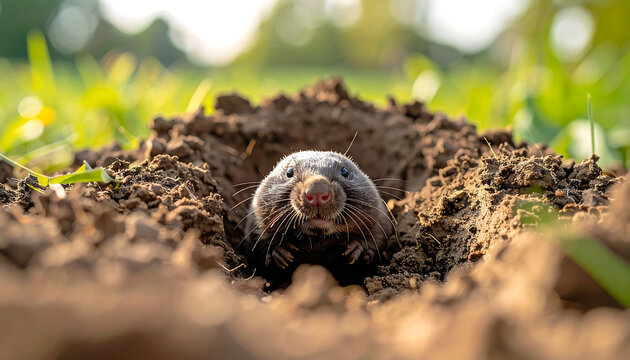 Close up of a cute mole emerging from its burrow in the soil with green grass in the background