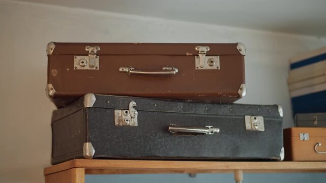 Stacked suitcases and archival boxes on wooden shelf, archivist style storage scene in tidy office corner, neat organization, aged leather cases, brass hardware and calm interior lighting.