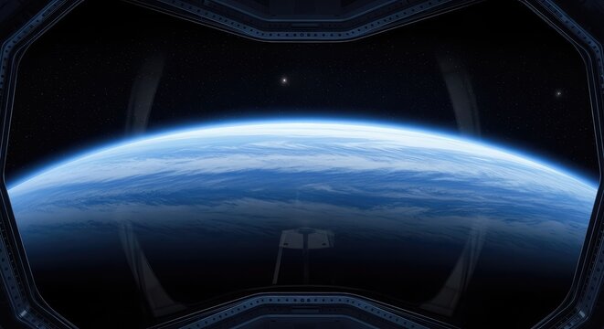 A panoramic view of a massive blue planet from a space station module, featuring a glowing atmosphere, curved horizon, and deep outer space, atmosphere, interstellar, orbital