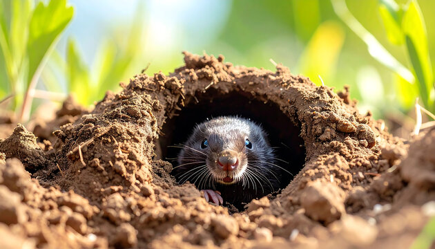 Close up of a small wild animal peeking out of its burrow in the dirt with green plants in the background